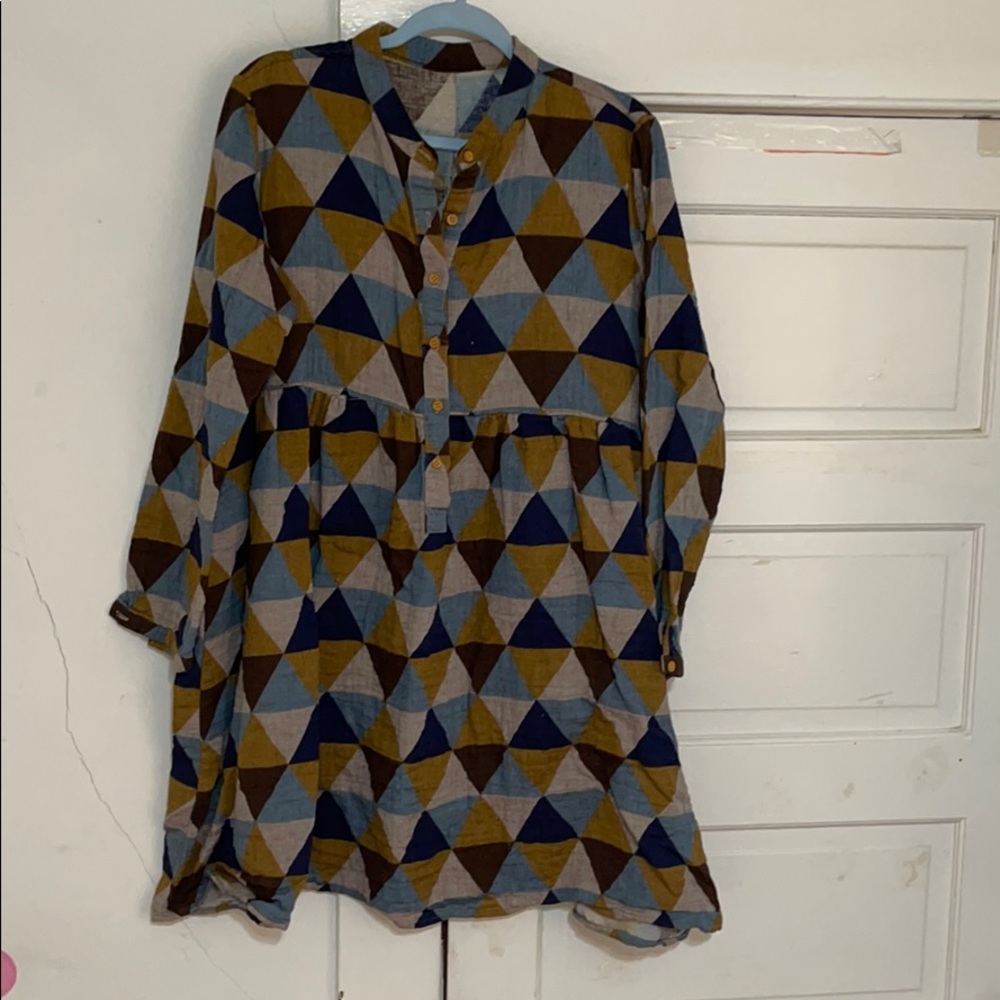 brown/blue triangle pattern mini dress